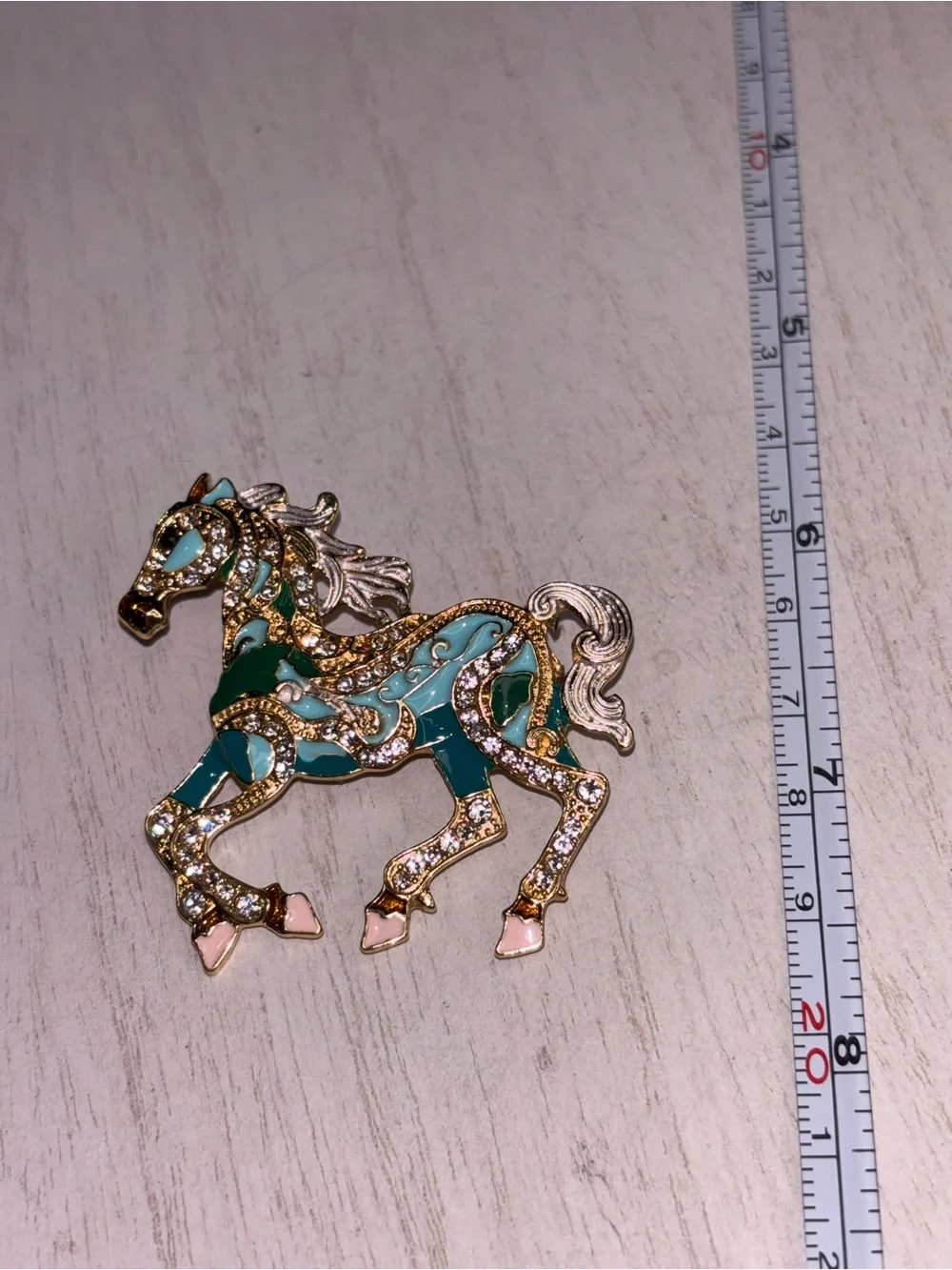 Gold Tone Enamel Horse Brooch w/ Rhinestones | Teal Statement Pin - Picture 2 of 3